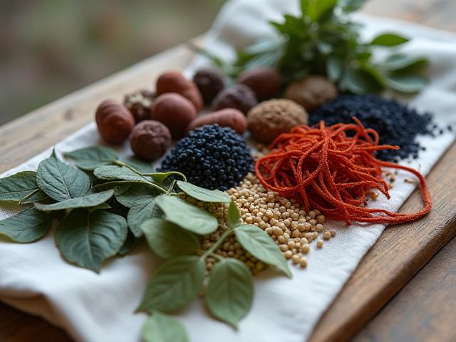 様々な天然染料の材料、ハーブ、木の皮、花が並べられている