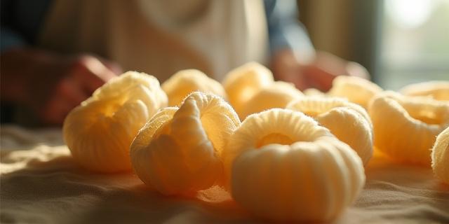 光が差し込む中で丁寧に選別される繭のクローズアップ。環境に配慮した養蚕